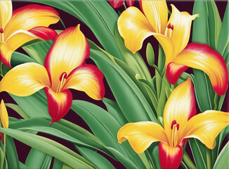 Background with yellow and red lilies and green leaves. Vector illustration.