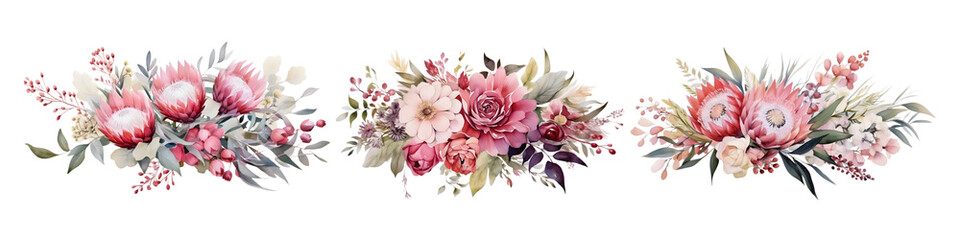 Wedding floral composition, watercolor Australian native flowers arrangement isolated on white - obrazy, fototapety, plakaty