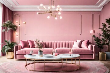 modern living room with pink  sofa,whhite table ,pink walls and a chandelier