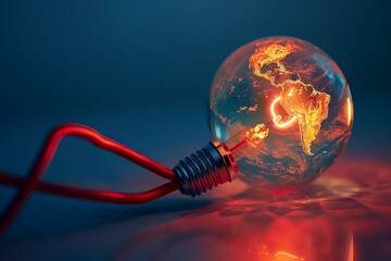 Earth connected to a glowing electric lamp by a red cable