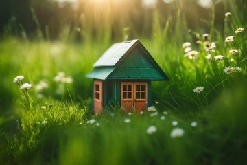  toy house in the grass presenting beautiful scene of natural beauty