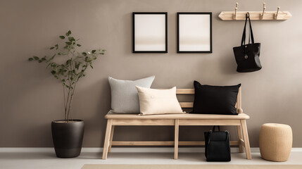 Stylish home interior with a wooden bench, pillows, a plant, and a bag hanging on the wall.