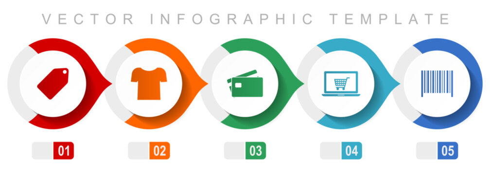 Shop and trade flat design infographic template, miscellaneous symbols such as ticket, shirt, credit card, laptop and bar code, vector icons collection