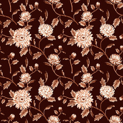 Seamless pattern monochrome from chrysanthemum with leaves on brown background. Hand drawn watercolor illustration brown color. Garden flowers. Template for wallpaper, scrapbooking, wrapping, textile.