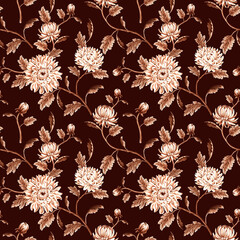 Seamless pattern monochrome from chrysanthemum with leaves on brown background. Hand drawn watercolor illustration brown color. Garden flowers. Template for wallpaper, scrapbooking, wrapping, textile.
