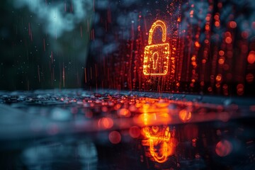 Obraz premium Cybersecurity concept with laptop and lock icon. A visually captivating illustration showcasing a laptop with a glowing lock symbol signifying cybersecurity, set against a futuristic digital backdrop