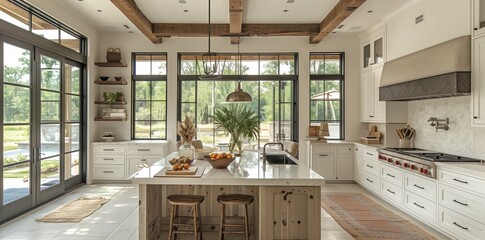 Kitchen with spacious island, abundant windows, and natural wood fixtures - obrazy, fototapety, plakaty