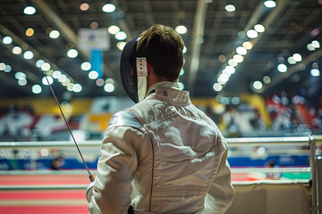 Fencer holding a foil and protective mask in his hand at a fencing tournament - obrazy, fototapety, plakaty