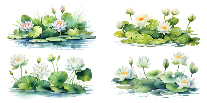Water Lily branches with green leaves watercolor illustration. Flat vector illustration isolated on white background