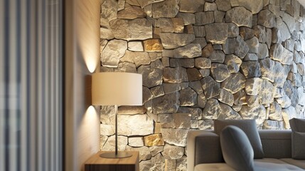 A modern lamp enhances the aesthetic appeal of a bright decorative stone wall and interior design.