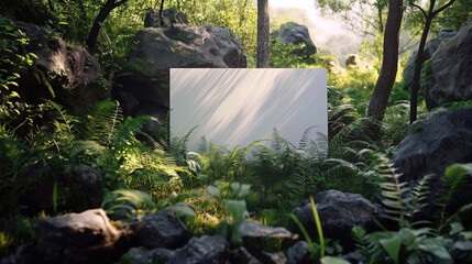 A white horizontal canvas in a frame without a background hangs on a rock among the jungle and exotic plants. Banner for placing text and advertising, background for presentation and design.