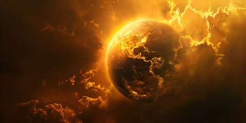 Sun on the space,A Planet in Outer Space with yellow light.