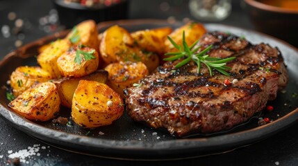 Grilled steak with herbs and roasted potatoes