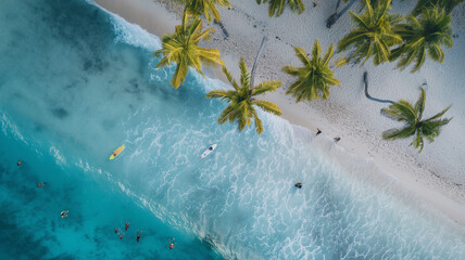 Many People enjoying surfing on a beautiful beach, palm tree, drone shot, Simple and minimalistic