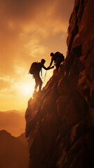 silhouette of togetherness of two person to make it to the top of mountain 