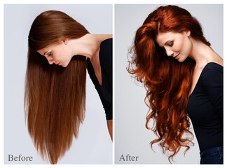 Transformation, woman and hair before after in salon for hairstyle, keratin or collagen treatment....