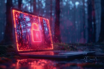 Cybersecurity concept with laptop and lock icon. A visually captivating illustration showcasing a laptop with a glowing lock symbol signifying cybersecurity, set against a futuristic digital backdrop