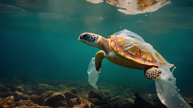 Plastic pollution is an environmental problem in the oceans. Turtle stuck in plastic bag, save ocean concept. Underwater concept of global problem with plastic waste floating in the ocean	