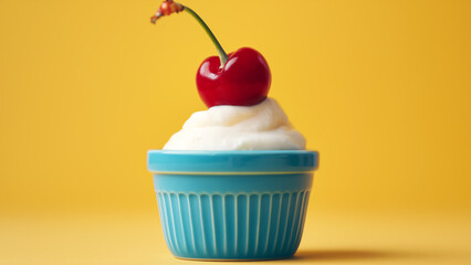 Rote Kirsche auf Sahne Cupcake in blauer Schale isoliert auf gelbem Hintergrund - obrazy, fototapety, plakaty