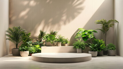 Fototapeta premium Space with a podium in a bright room. Image for presentation and placement of advertising, people, products, goods. Platform with exotic plants on the floor. Curtains, white material and texture.
