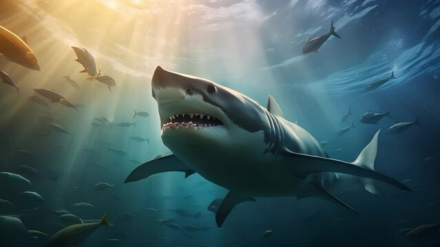 A shark swim underwater, marine life habitant. Shark with big jaw and sharp teeth attacks underwater in ocean. Dangerous shark in sea. Marine wildlife	