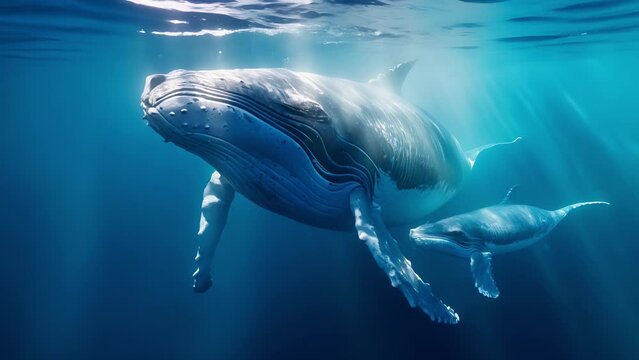 Baby humpback whales play near the surface in the blue water. Humpback whale in pacific ocean	