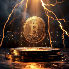 bitcoin in the center of thunder lightning over the podium generative ai