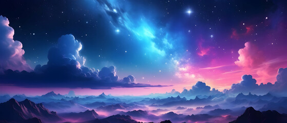 Fototapeta premium Fantasy drawing galaxy cloudy sky. Beautiful sky clouds outer space galaxy background with stars, bright colors, pink, blue, purple. Night view of mountain peaks