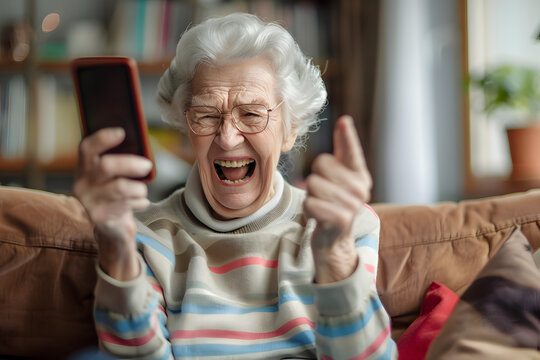 senior woman is celebrating because she scored a perfect 10 on her mobile phone game,