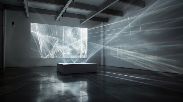 Empty technological room in green tones. Square cubes and thin lines of lasers. Background for designing websites on a cyber theme. Presentation about high technology. Office space, game design.