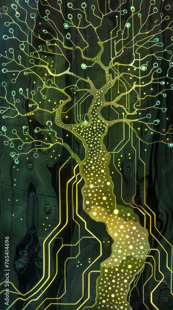 Poster creative stylized tree made of circuit lines. nature and electronics fusion concept.