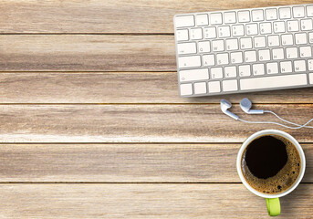 Espresso coffee cup on wood table background. Top view with copy spa