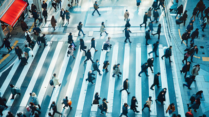 A crowd of people walking on a busy street, high angle