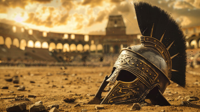 A gladiator helm in the sand of the arena