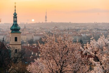 Pink flowering tree branches and red roofs at dawn in Prague - obrazy, fototapety, plakaty