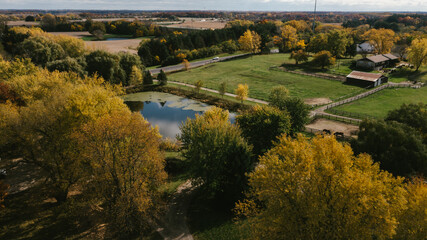 Fototapeta na wymiar Drone shot of farm and horse land in Northern Illinois in fall