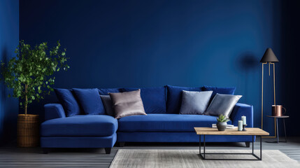 Beige corner sofa in room with dark blue walls. Interior design of modern living room. Generative AI