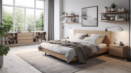Scandinavian style interior design of modern bedroom Generative AI - obrazy, fototapety, plakaty