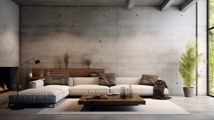 Minimalist loft interior design of modern living room with concrete wall. Generative AI - obrazy, fototapety, plakaty