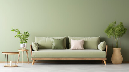 Light green sofa with brown and beige pillows against wall with copy space. Scandinavian home interior design of modern living room Generative AI