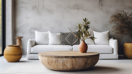Round wood coffee table near white sofa with grey pillows. Boho, ethnic, tribal style home interior design of modern living room Generative AI