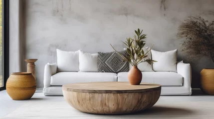 Cercles muraux Style bohème Round wood coffee table near white sofa with grey pillows. Boho, ethnic, tribal style home interior design of modern living room Generative AI