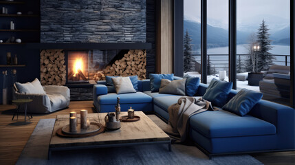 Two blue sofas near fireplace. Scandinavian home interior design of modern living room in chalet Generative AI - obrazy, fototapety, plakaty