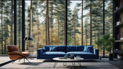 Blue sofa and chair against floor to ceiling window with forest view. Scandinavian home interior design of modern living room Generative AI