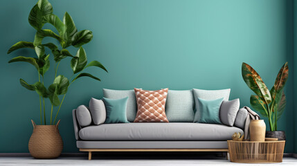 Sofa with multicolored pillows and wicker pot with houseplant against teal wall with copy space. Scandinavian home interior design of modern living room Generative AI - obrazy, fototapety, plakaty