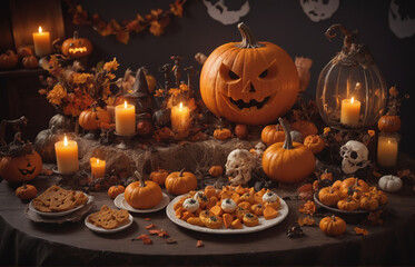 Trick or treat party and Pumpkin Jack-O-Lantern surrounded by halloween decor