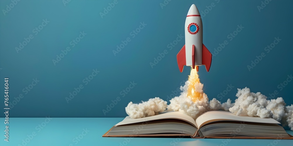 Poster rocket ship blasting off from an open book,representing innovation and of new ideas and knowledge
