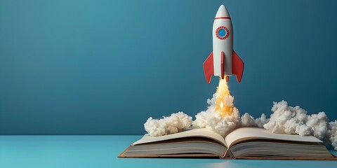 Rocket Ship Blasting Off from an Open Book,Representing Innovation and of New Ideas and Knowledge