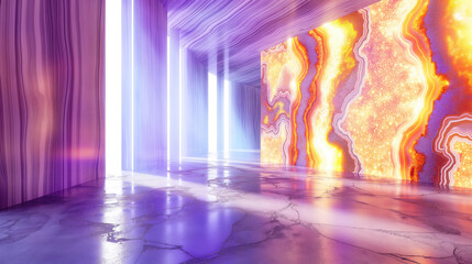 Fantastic epic room with shimmering crystals. Transparent rainbow texture. Studio for photo sessions. Background for the design of covers of magazines about the art of the future. Jewelry.
