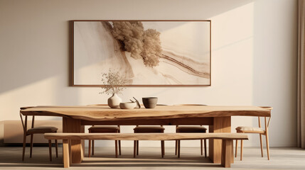 Rustic live edge dining table and wooden log chairs against beige wall with big art poster frame. Farmhouse, japandi interior design of modern dining room Generative AI